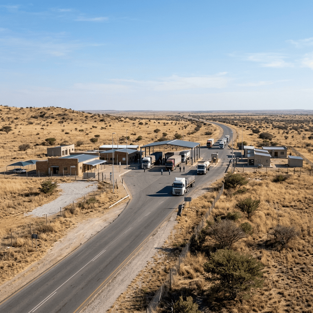 Trucks moving through a checkpoint on a remote desert highway