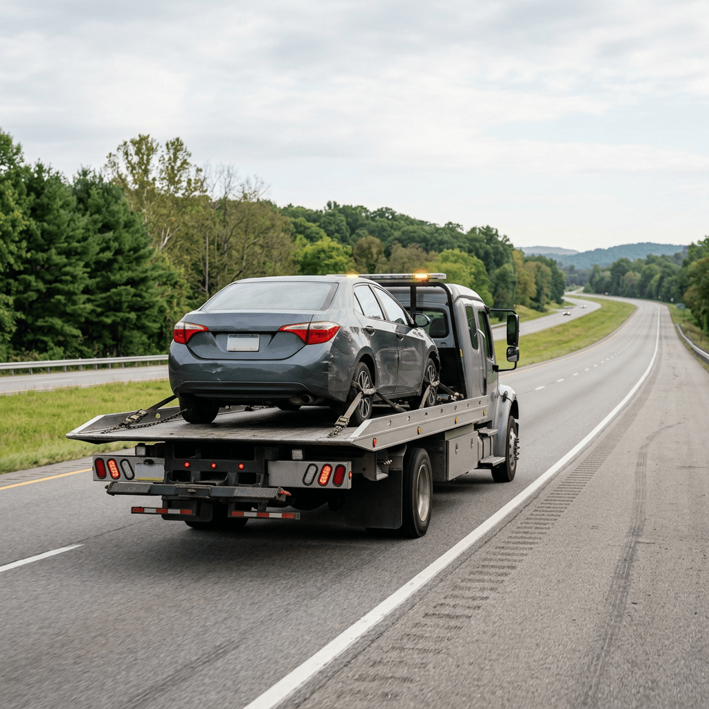 Tow truck carrying a secured gray sedan on a highway