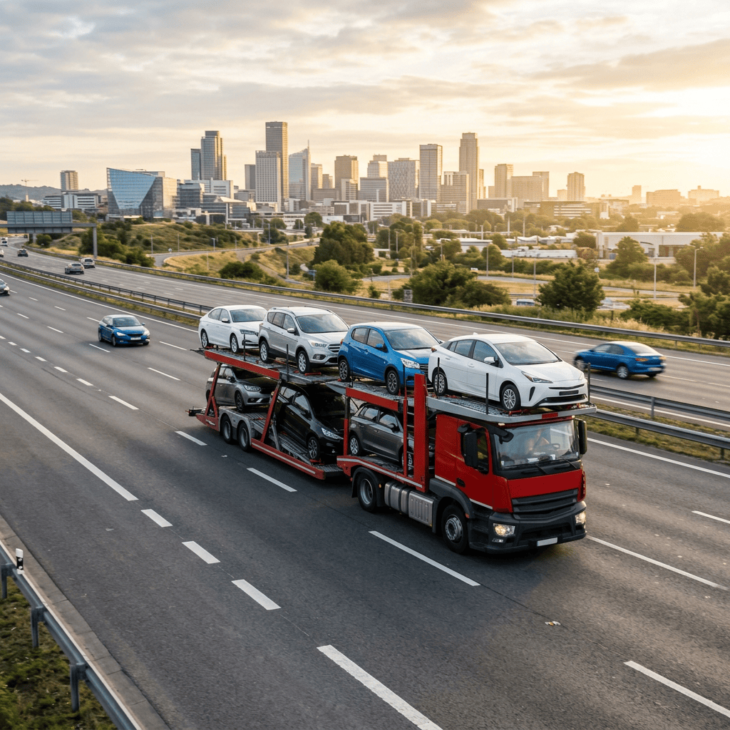 Red car carrier truck transporting six cars on a highway beside a city skyline