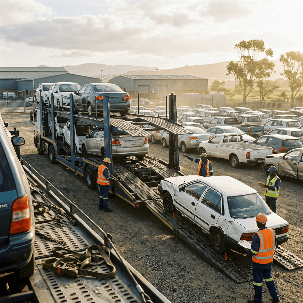 Workers loading cars onto a vehicle transport trailer at an industrial depot