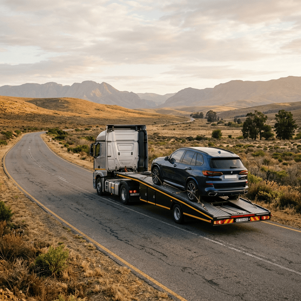 Car carrier transporting a dark SUV along a mountain road