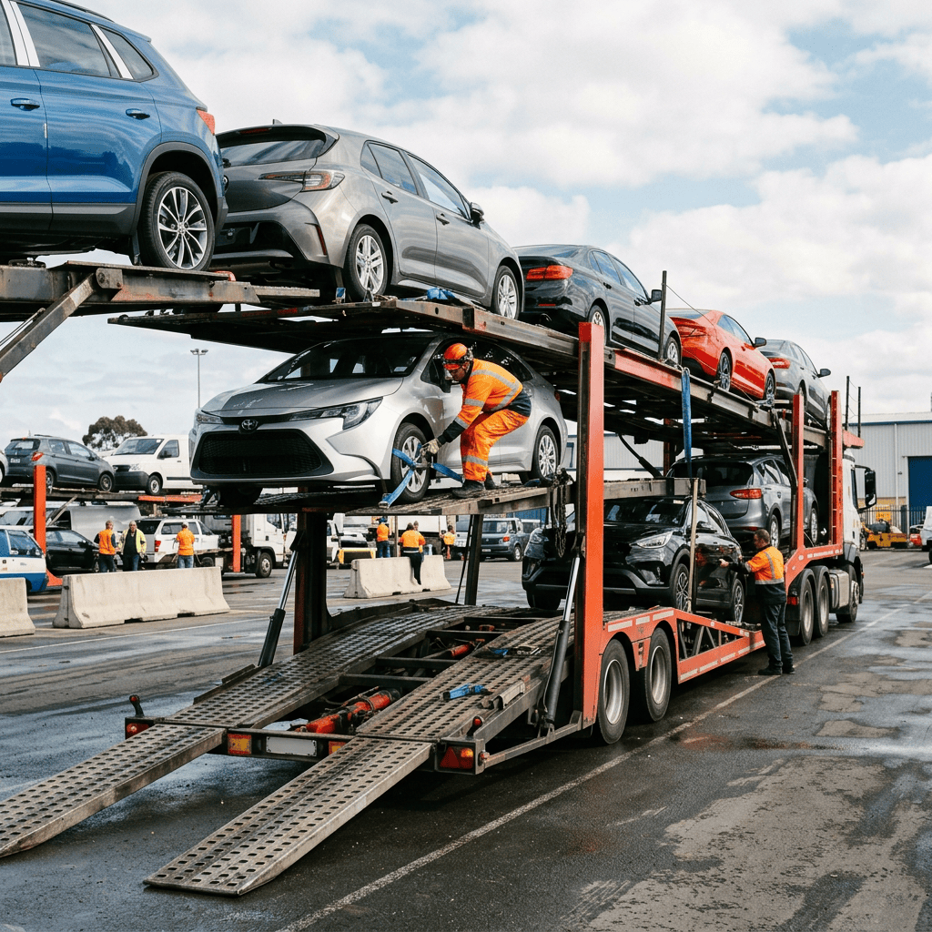 Workers loading and securing cars on a multi-level vehicle transport truck