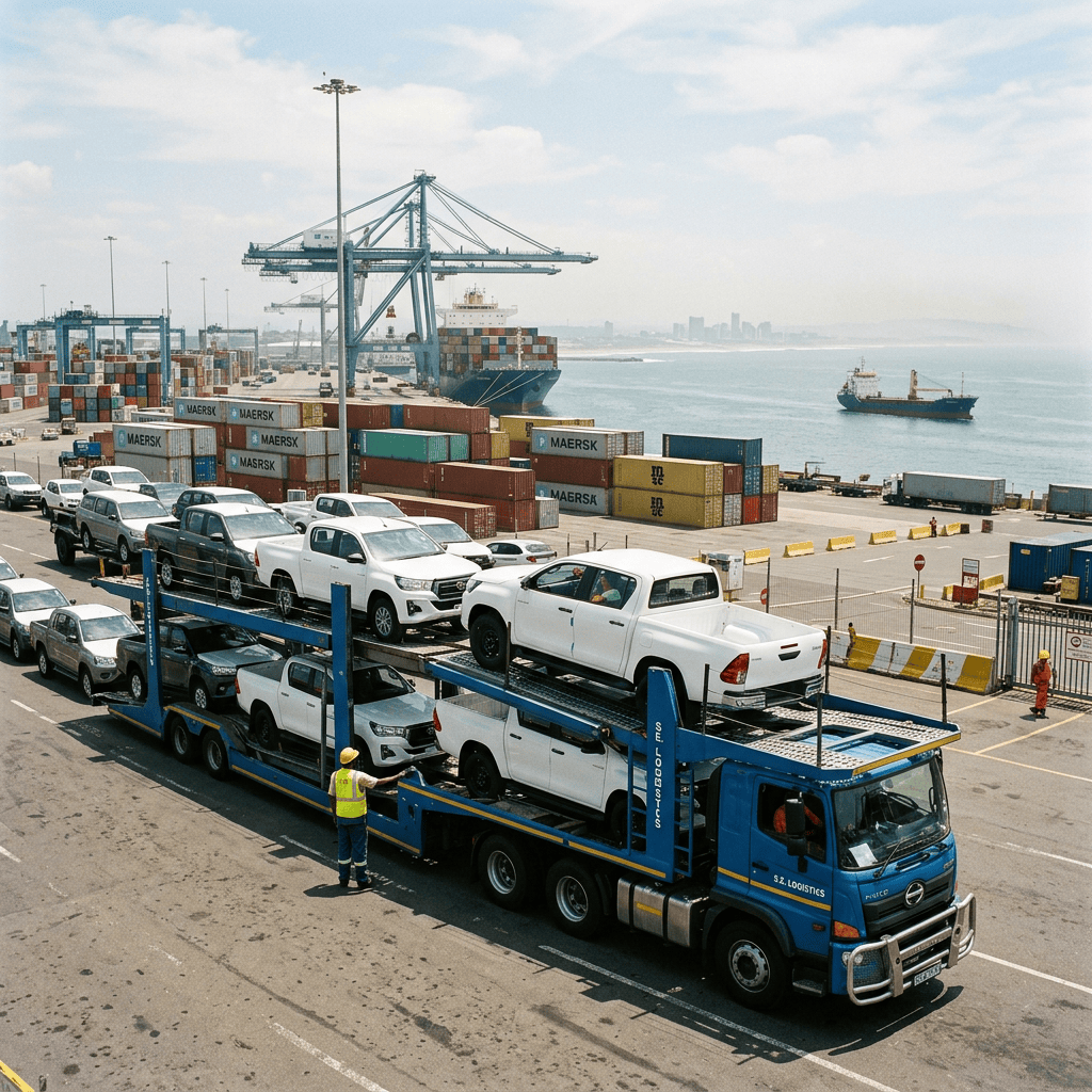 Car carrier truck loading vehicles at a container port beside cargo ships